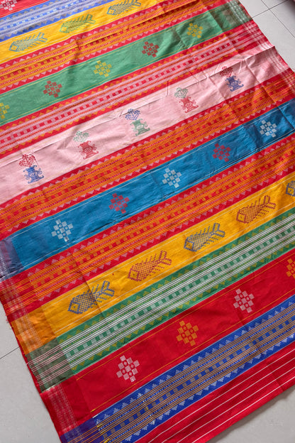 Exclusive Double Pallu Berhampuri Pure Silk Patta Saree - Off White & Red