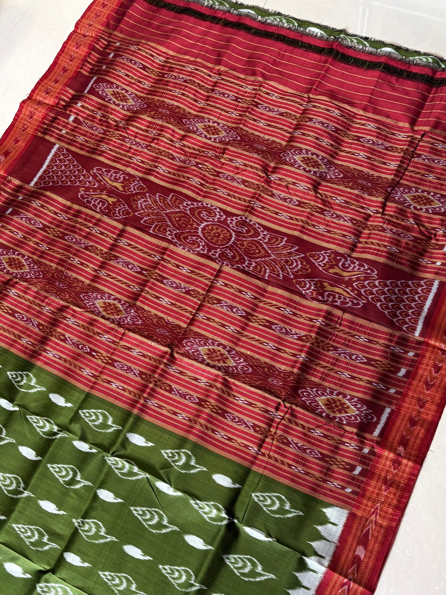 Odisha Ikkat Khandua Silk Saree - Olive green