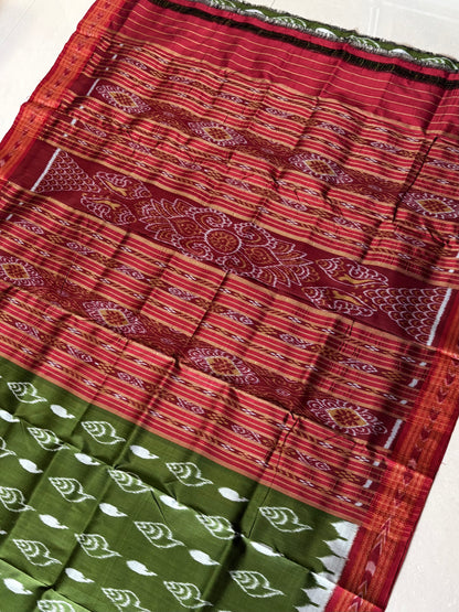Odisha Ikkat Khandua Silk Saree - Olive green