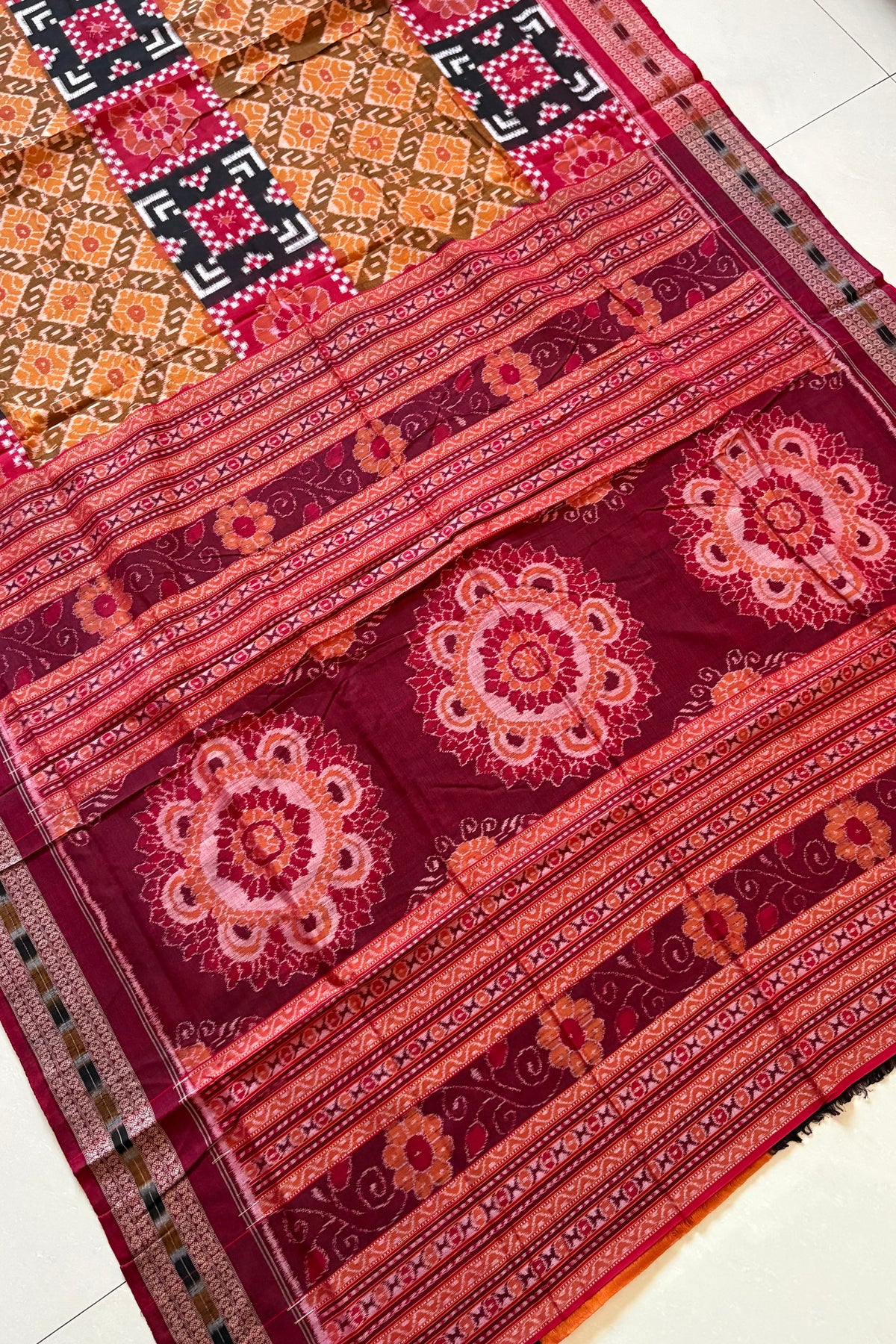 Sambalpuri Pure Cotton Saree - Mustard & Red