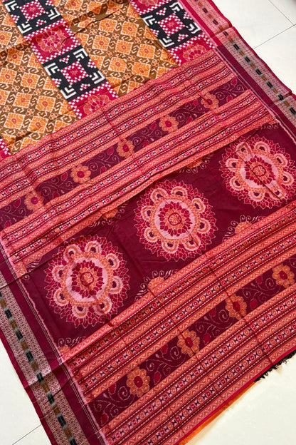 Sambalpuri Pure Cotton Saree - Mustard & Red
