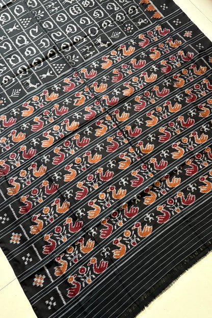 Exclusive Odia Varnamala Khandua Cotton Saree - Black