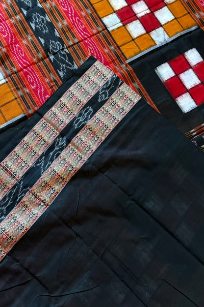 Sambalpuri Bichitrapuri Pure Cotton Saree: Black, Red & Orange