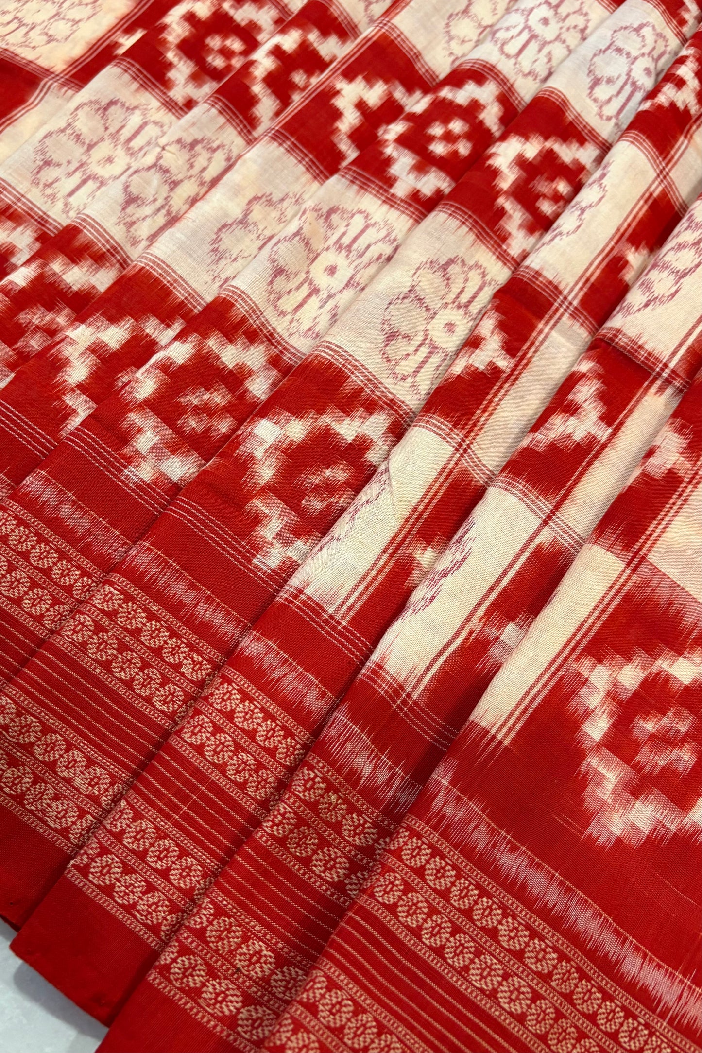 Exclusive Sambalpuri Pure Cotton Saree - Beige & Deep Orange