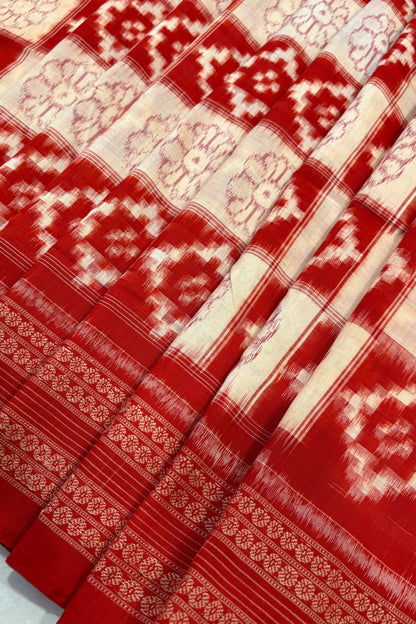 Exclusive Sambalpuri Pure Cotton Saree - Beige & Deep Orange