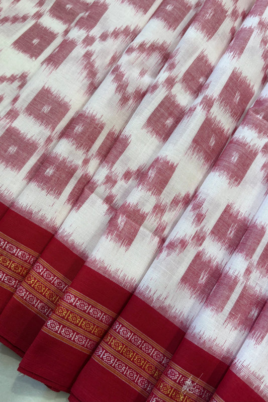 Nuapatna Khandua Cotton Saree - White & Red