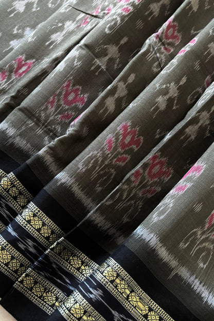 Odisha Ikkat Khandua Cotton Saree-  Dark Olive Green