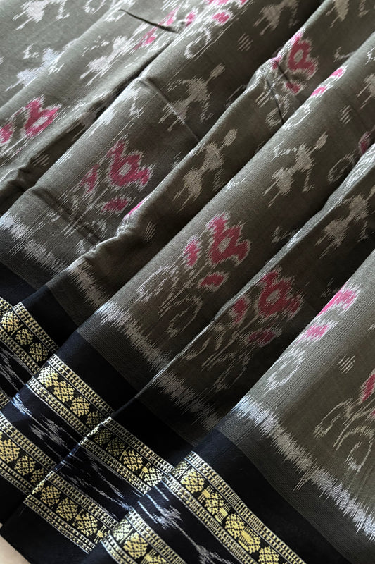 Odisha Ikkat Khandua Cotton Saree-  Dark Olive Green