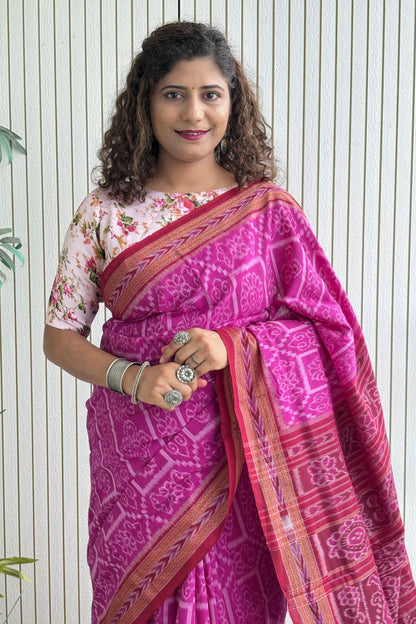 Odisha Ikkat Khandua Cotton Saree- Mauve Pink