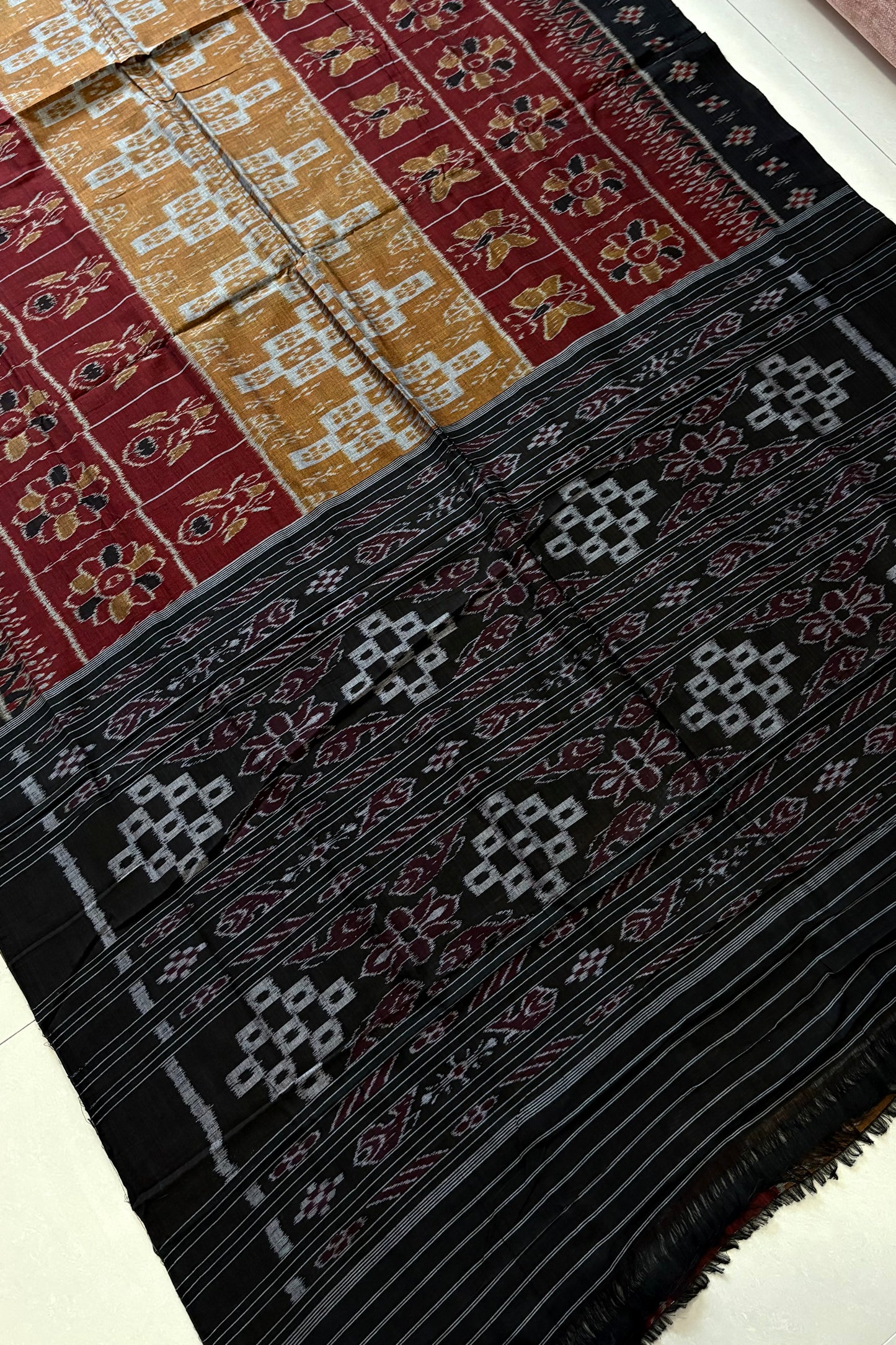 Odisha Ikkat Khandua Cotton Saree – Black, Maroon & Mustard