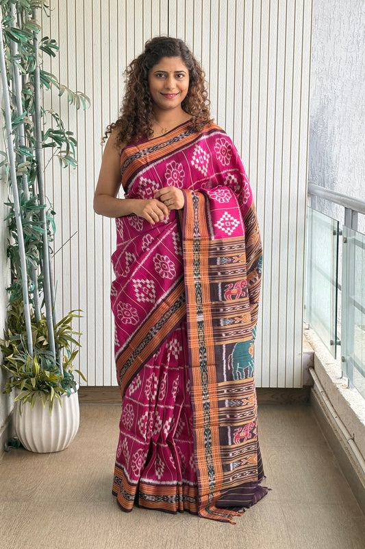 Exclusive Odisha Ikkat Nuapatna Silk Saree - Rani Pink