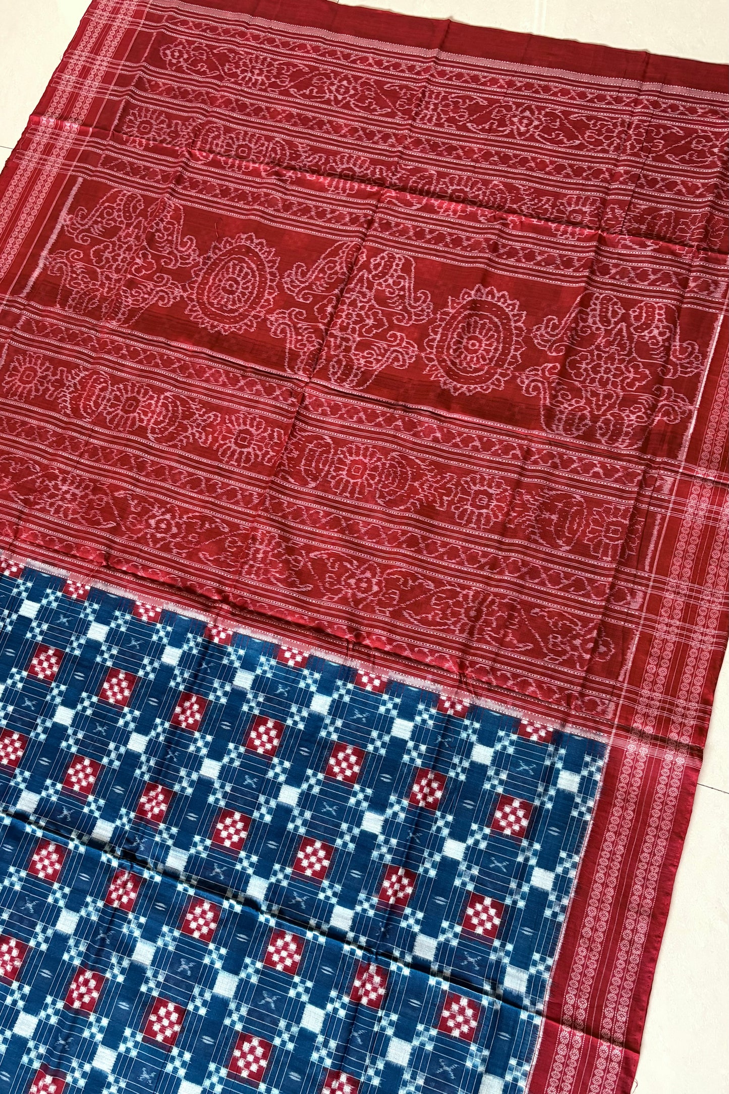 Sambalpuri Pure Cotton Saree: Blue & Red