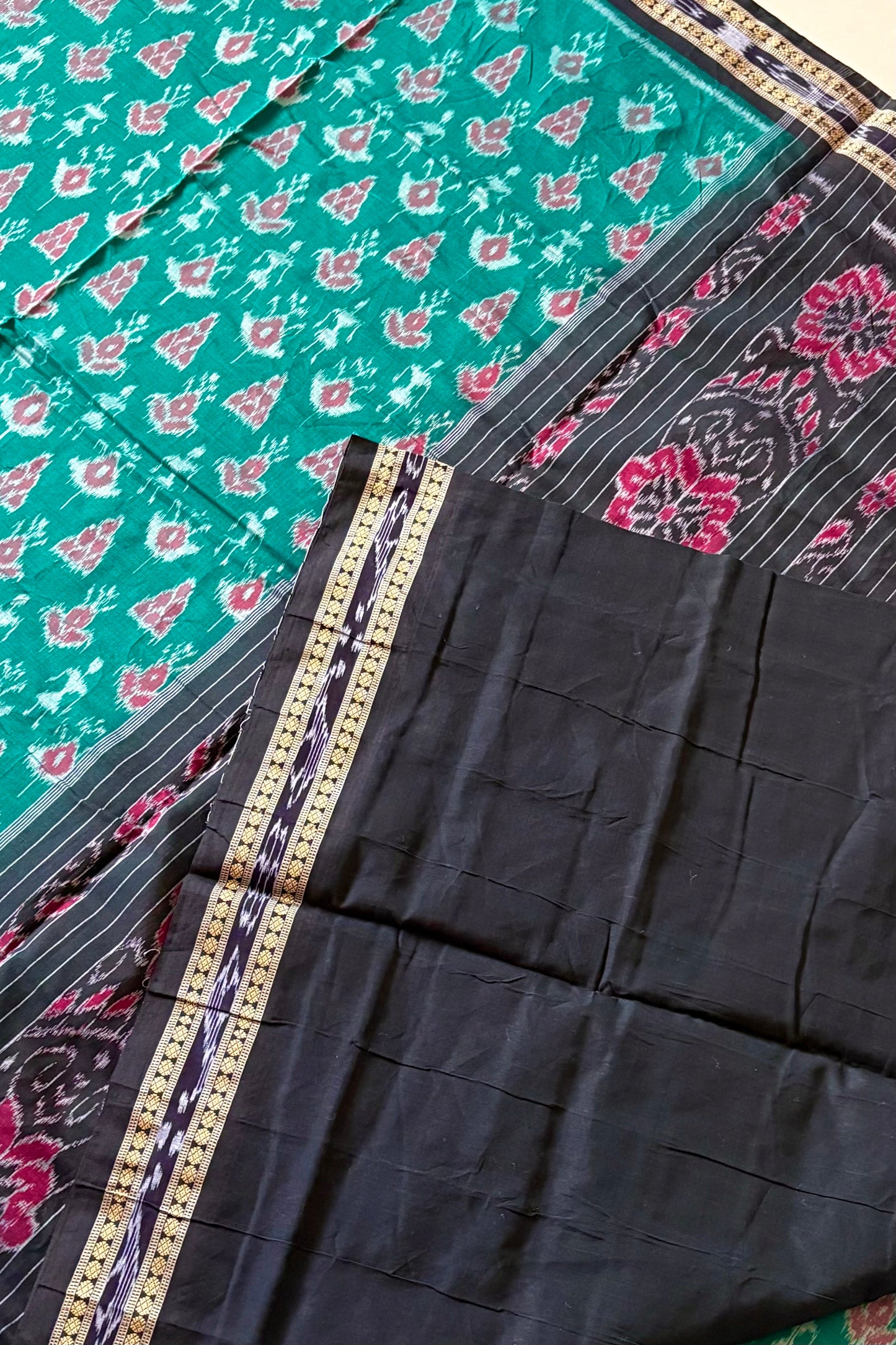 Odisha Ikkat Khandua Cotton Saree- Aqua Green