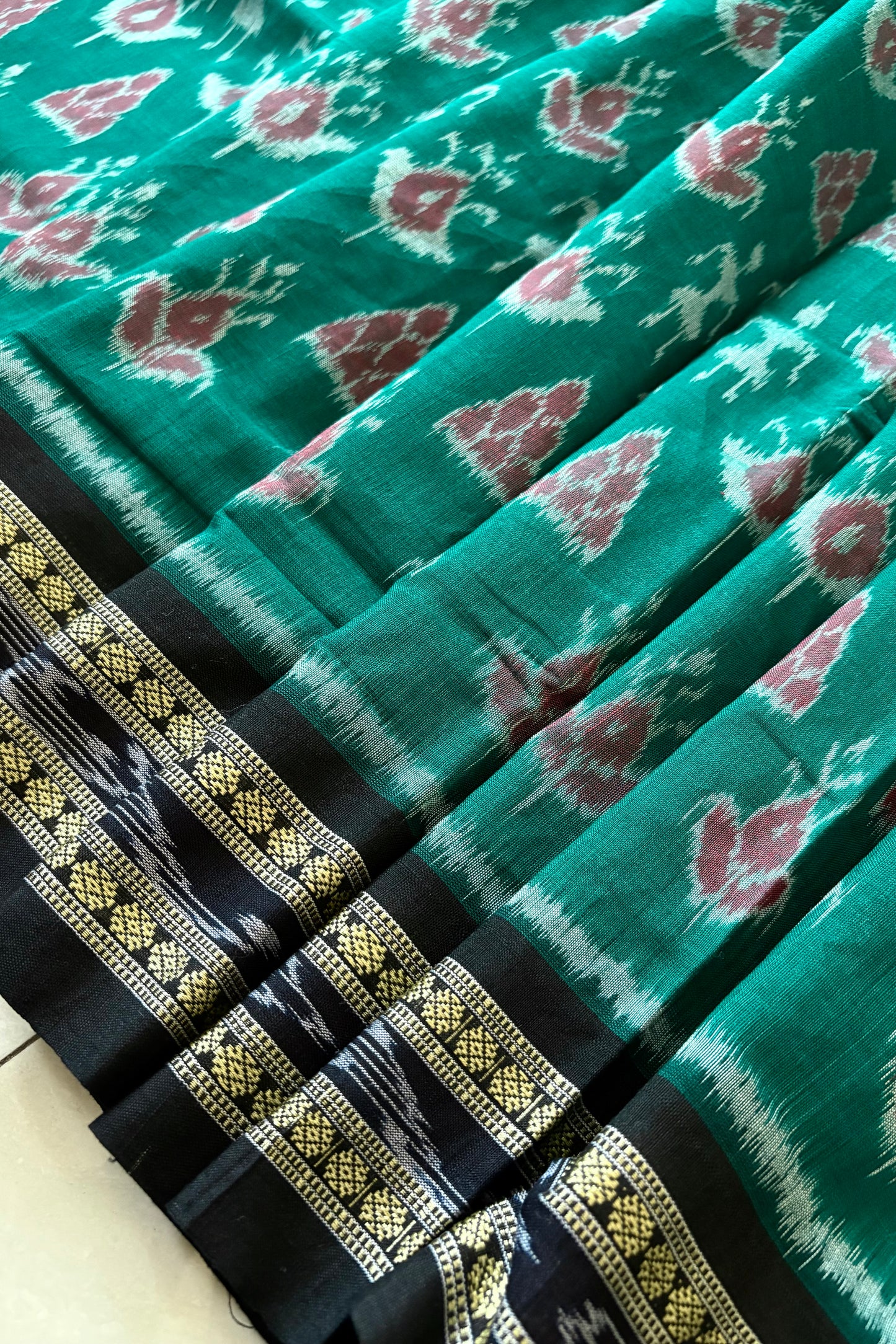 Odisha Ikkat Khandua Cotton Saree- Aqua Green