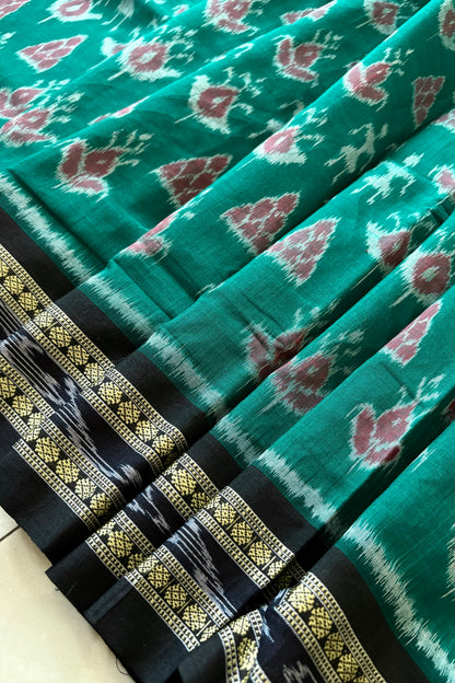 Odisha Ikkat Khandua Cotton Saree- Aqua Green