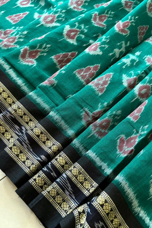 Odisha Ikkat Khandua Cotton Saree- Aqua Green