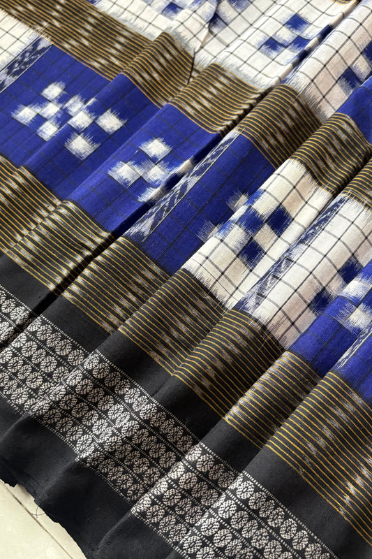 Sambalpuri Pure Cotton Saree - Navy Blue And White