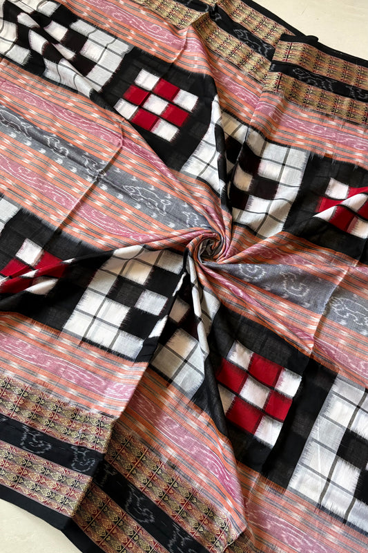 Sambalpuri Bichitrapuri Pure Cotton Saree: White-Beige-Black