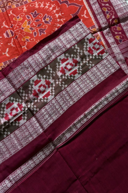 Exclusive Curvilinear Sambalpuri Ikkat Pure Cotton Saree : Rust Orange & Olive