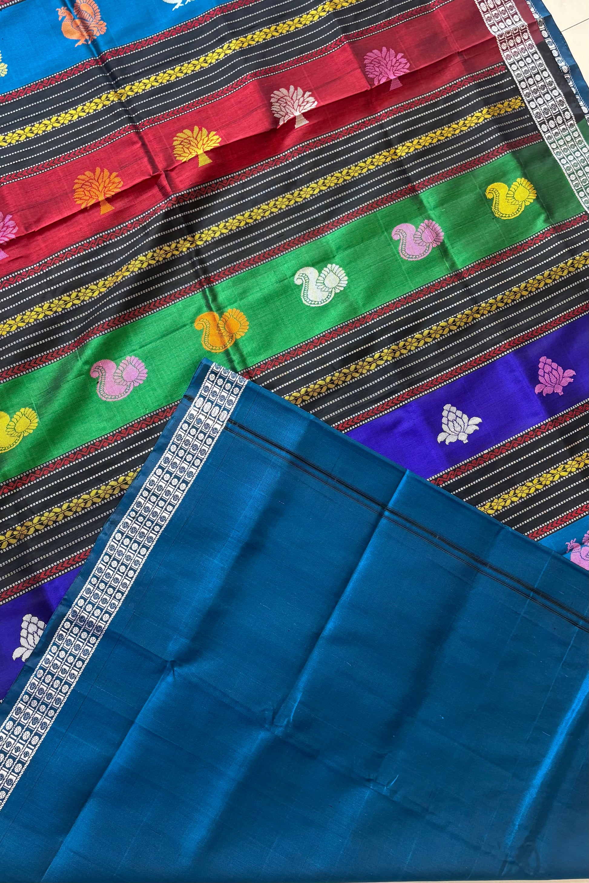 Berhampuri silk saree teal with double pallu