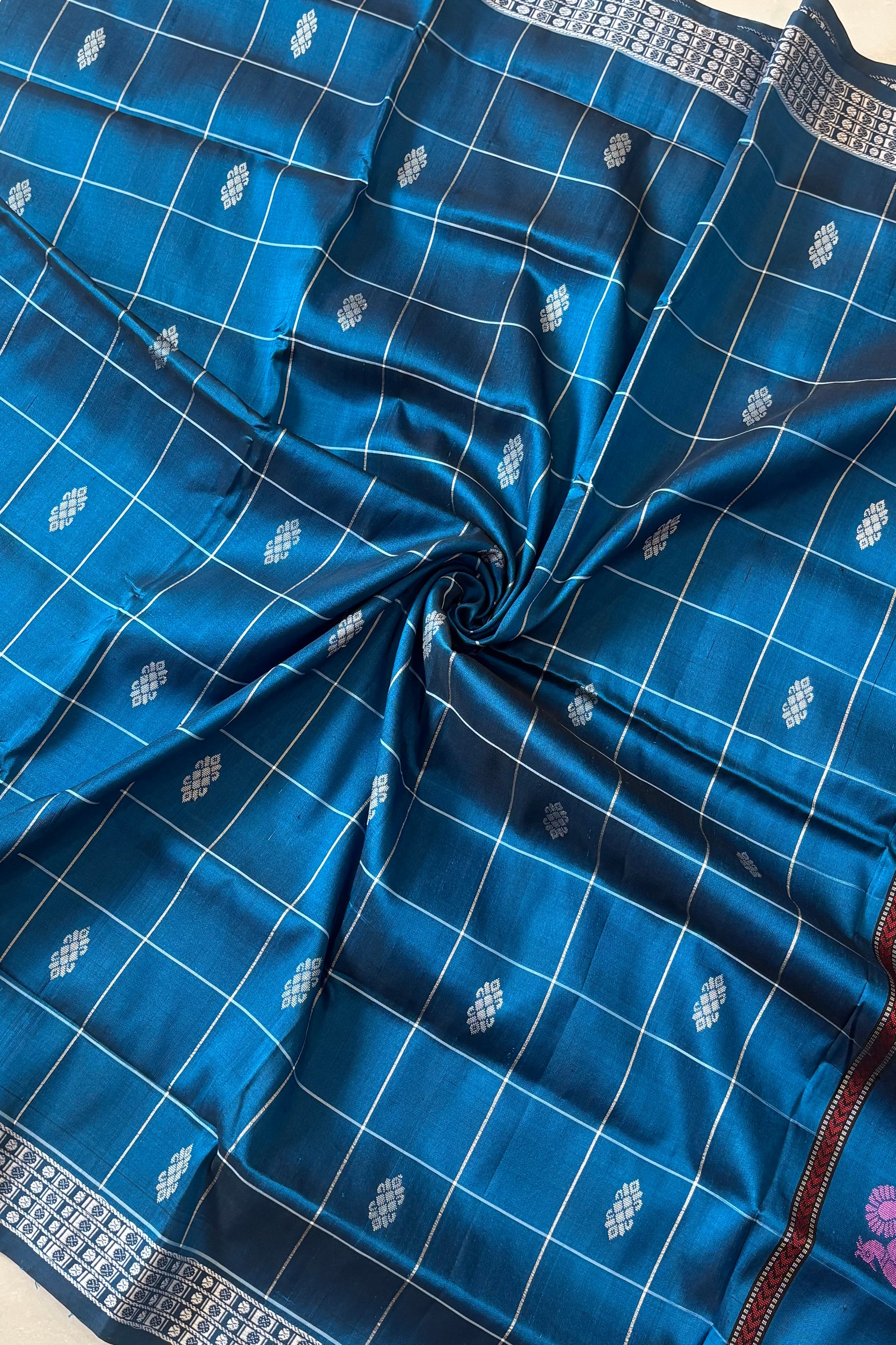 Berhampuri silk saree teal with double pallu
