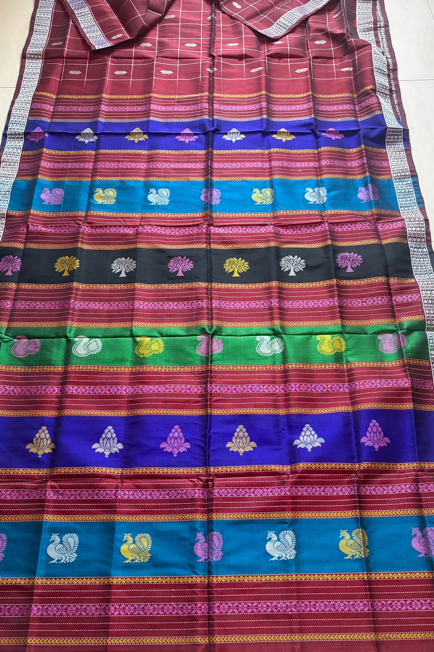 Berhampuri silk saree maroon with double pallu