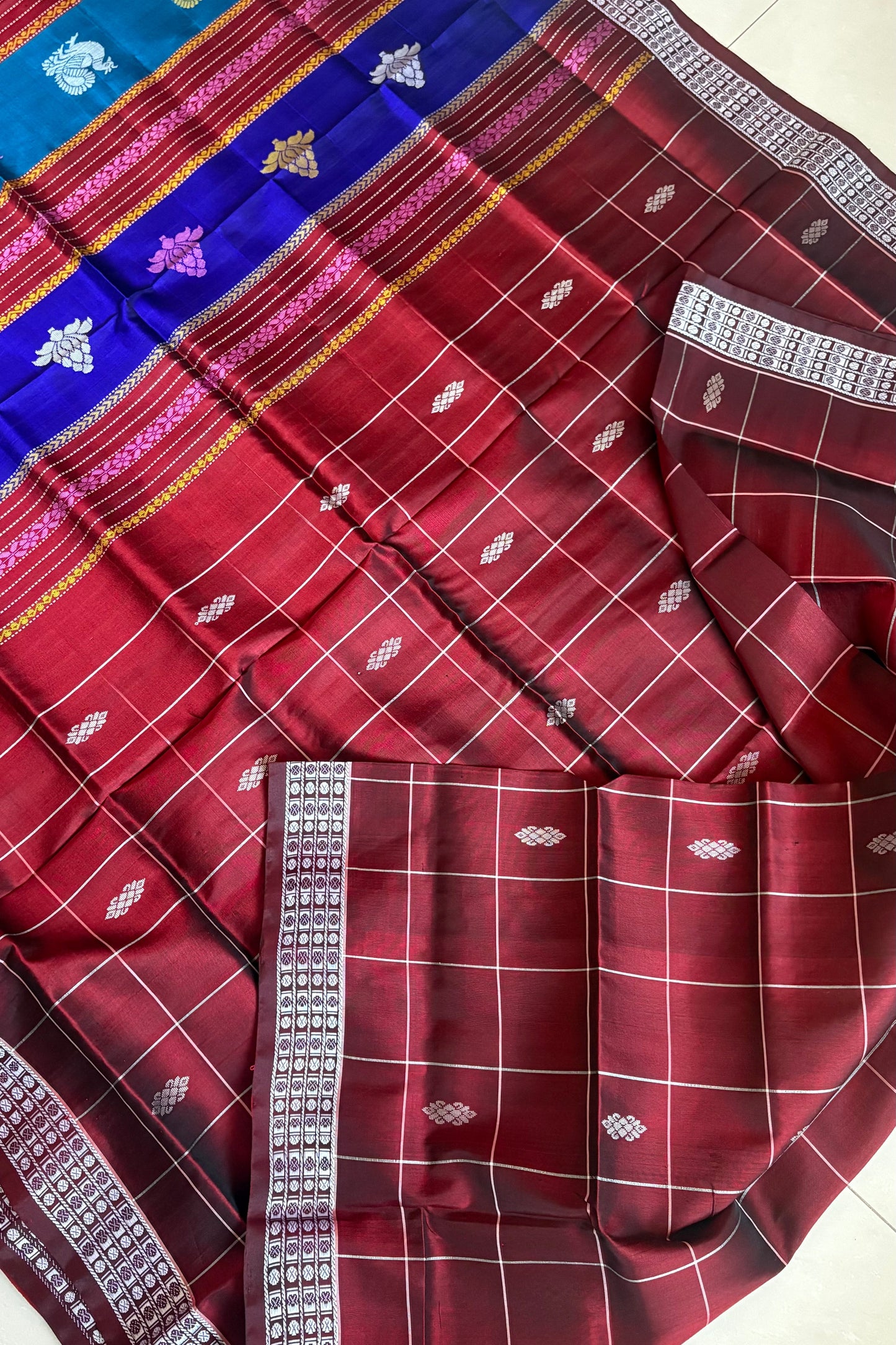 Berhampuri silk saree maroon with double pallu