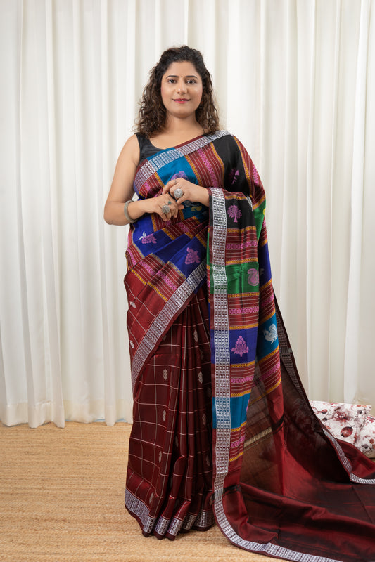 Exclusive Double Pallu Berhampuri Pure Silk Patta Saree - Dark Maroon