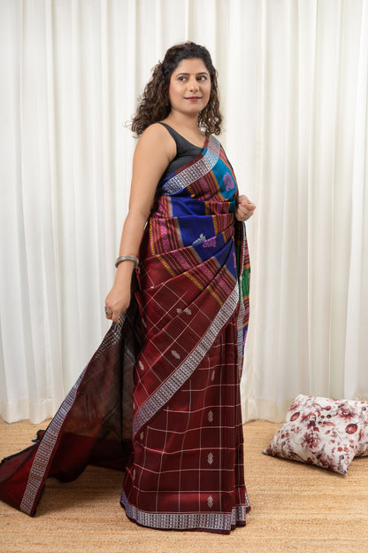 Exclusive Double Pallu Berhampuri Pure Silk Patta Saree - Dark Maroon