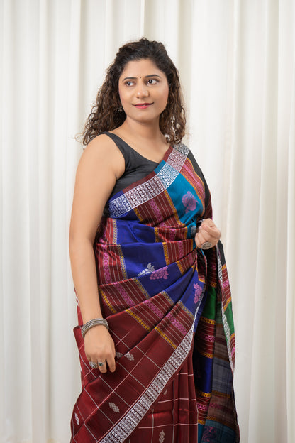 Exclusive Double Pallu Berhampuri Pure Silk Patta Saree - Dark Maroon