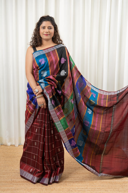Exclusive Double Pallu Berhampuri Pure Silk Patta Saree - Dark Maroon