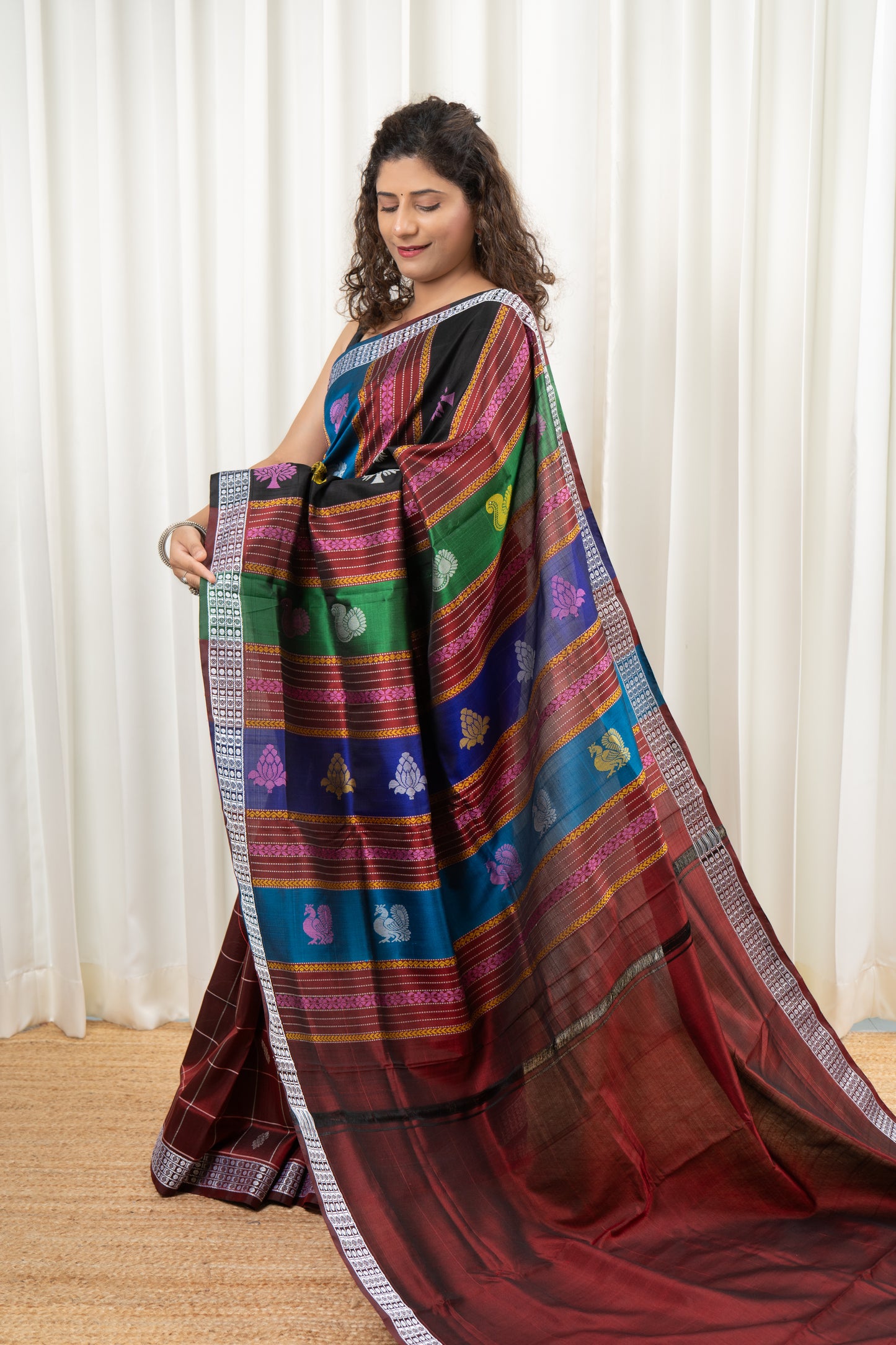 Exclusive Double Pallu Berhampuri Pure Silk Patta Saree - Dark Maroon