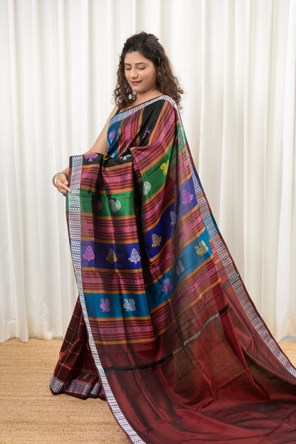 Exclusive Double Pallu Berhampuri Pure Silk Patta Saree - Dark Maroon