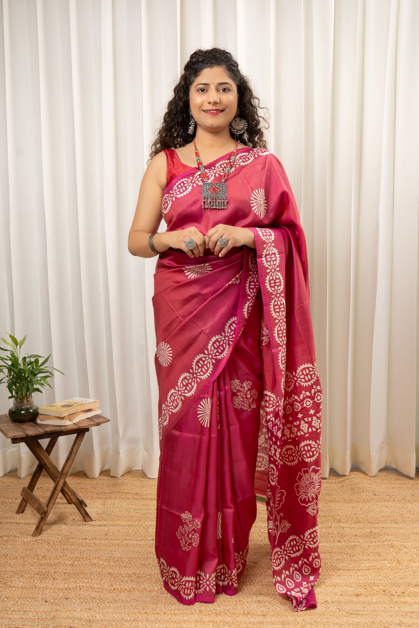 Bishnupuri Pure Katan Silk Saree Hand Block Print - Shot Pink