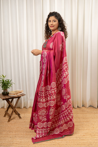 Bishnupuri Pure Katan Silk Saree Hand Block Print - Shot Pink
