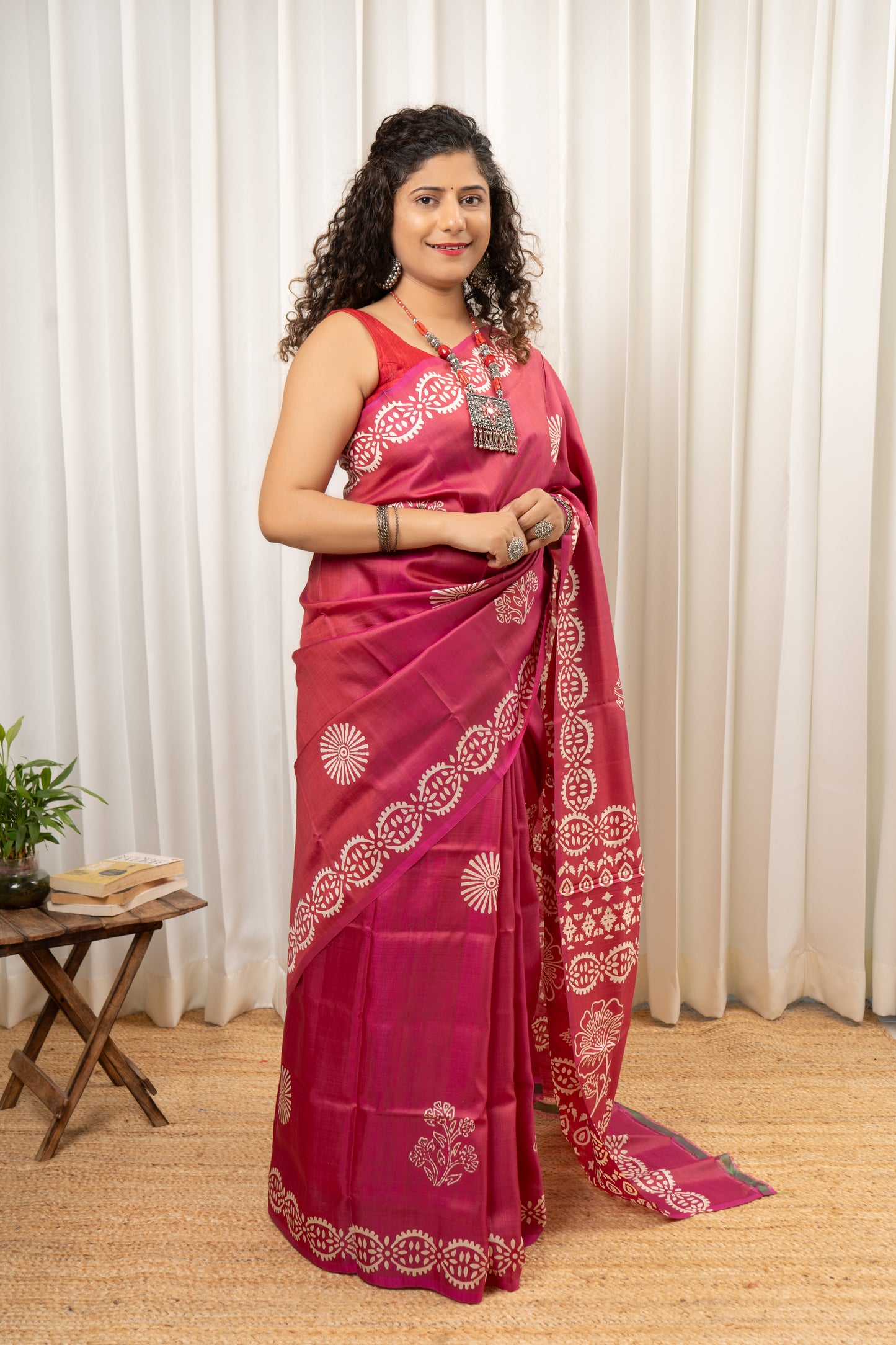 Bishnupuri Pure Katan Silk Saree Hand Block Print - Shot Pink