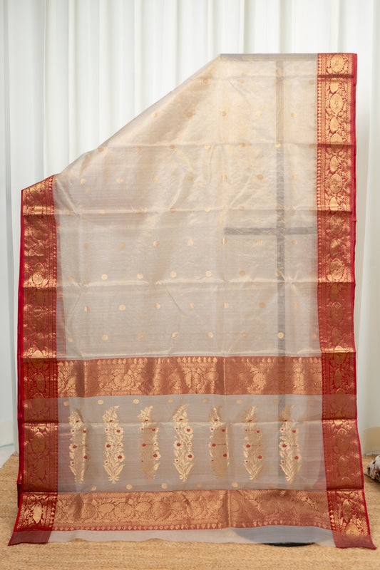 Chanderi Katan Tissue Silk Saree - Beige and Red