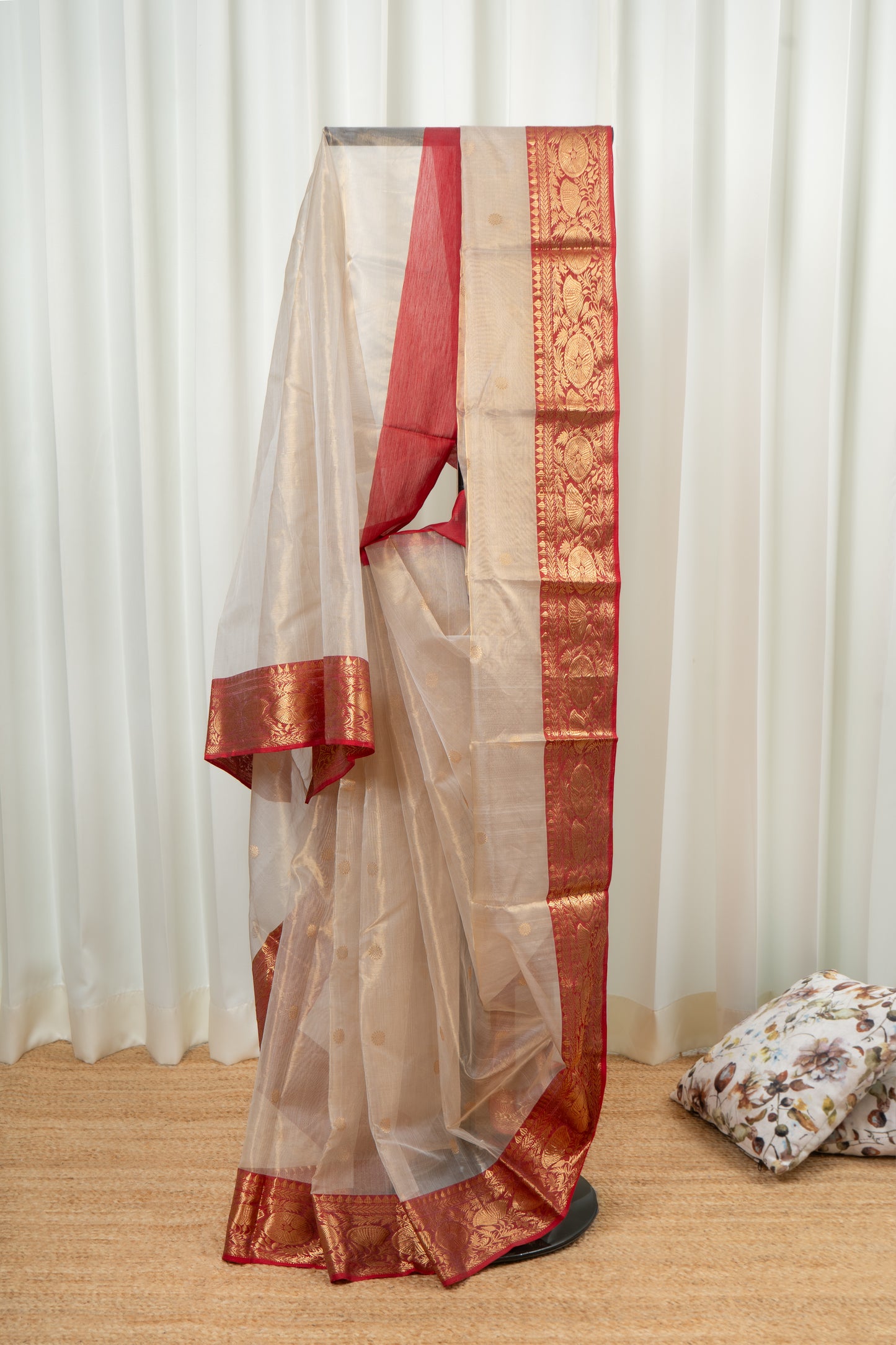 Chanderi Katan Tissue Silk Saree - Beige and Red