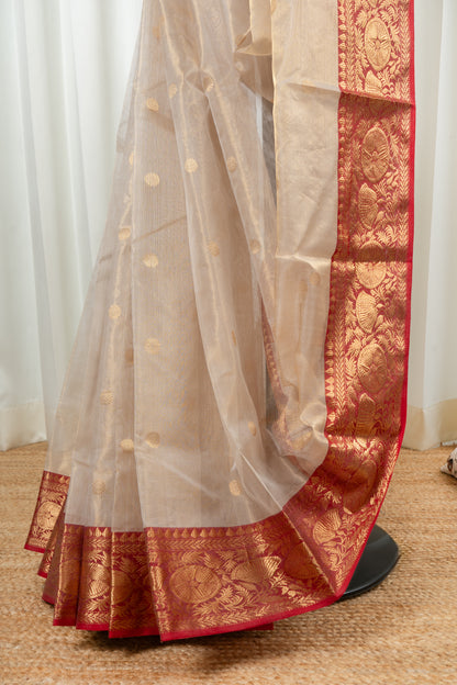 Chanderi Katan Tissue Silk Saree - Beige and Red