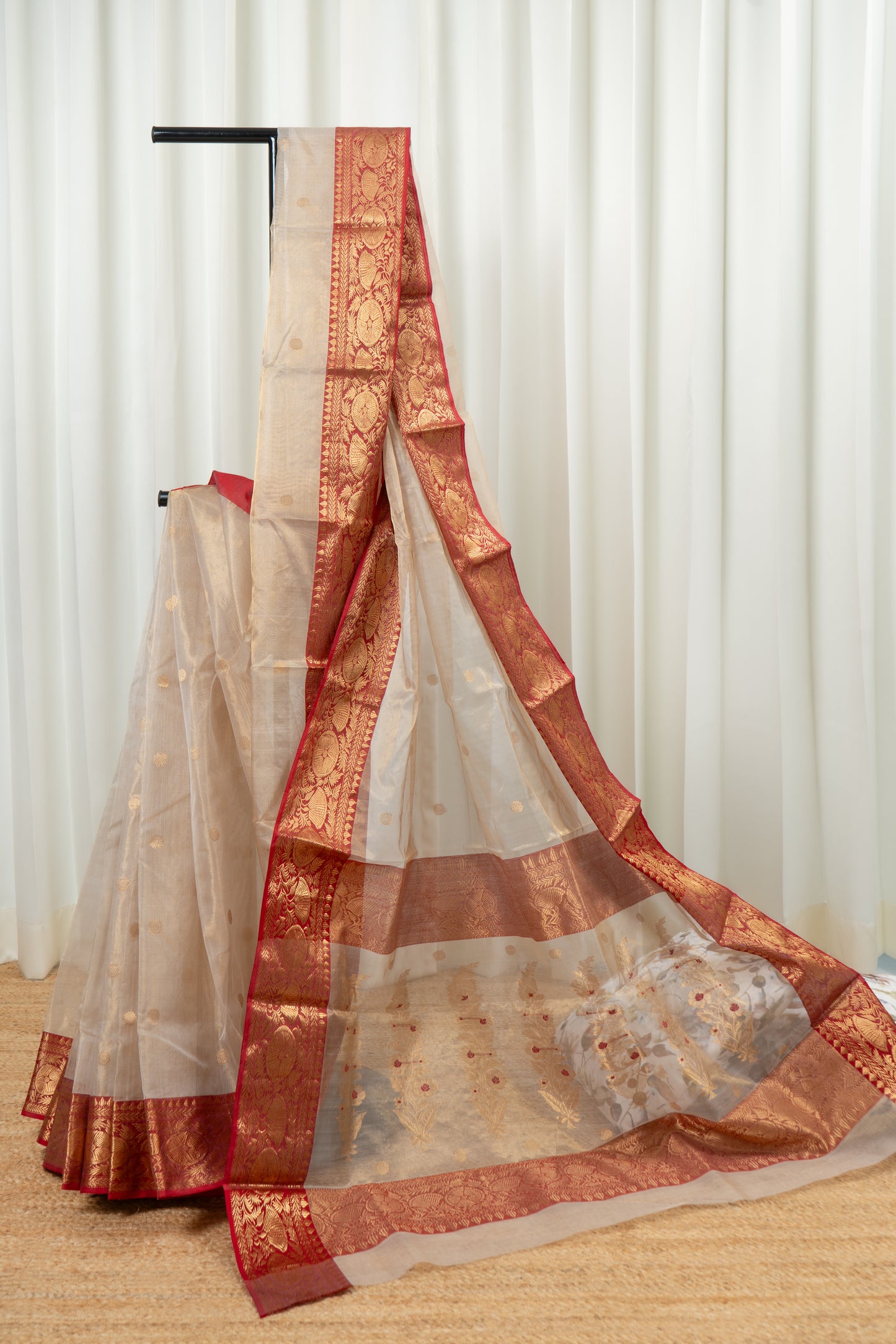 Chanderi Katan Tissue Silk Saree - Beige and Red