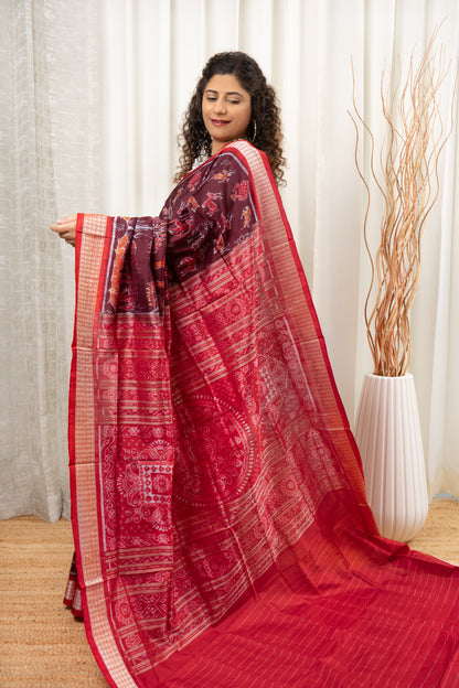 Exclusive Sambalpuri Pure Silk Saree - Coffee-Maroon