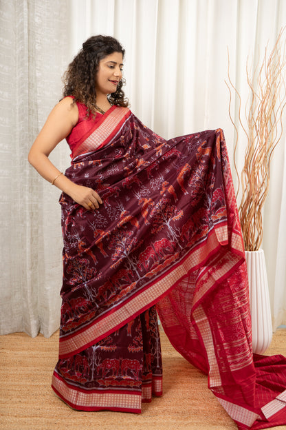 Exclusive Sambalpuri Pure Silk Saree - Coffee-Maroon