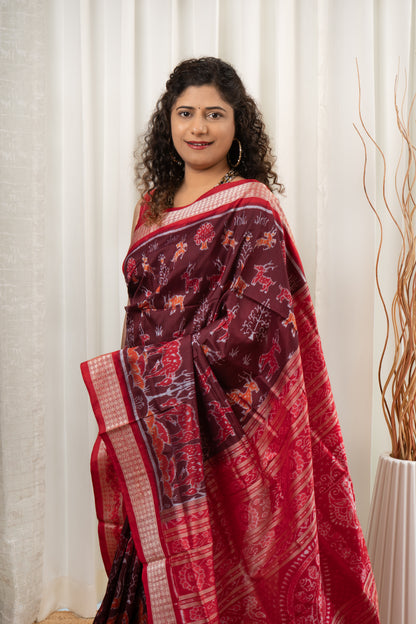 Exclusive Sambalpuri Pure Silk Saree - Coffee-Maroon