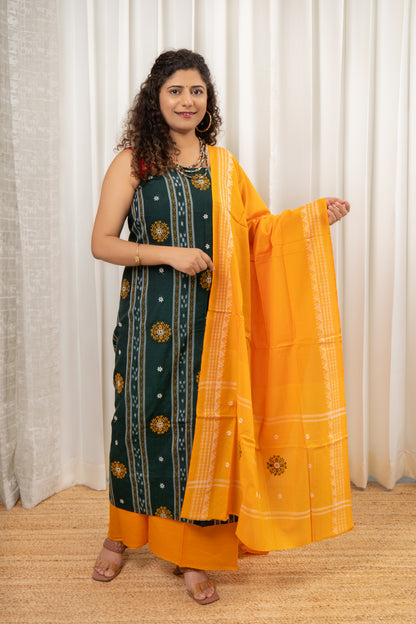 Pure Cotton Ikkat 3 Piece Dress Material-Green