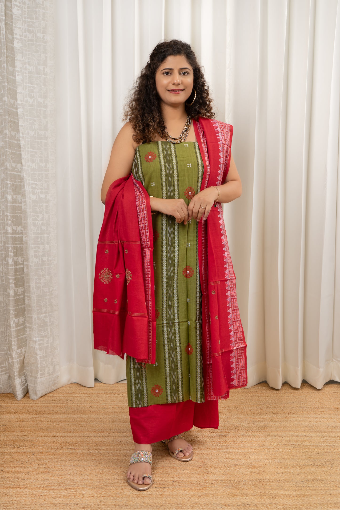 Pure Cotton Ikkat 3 Piece Dress Material-Henna Green