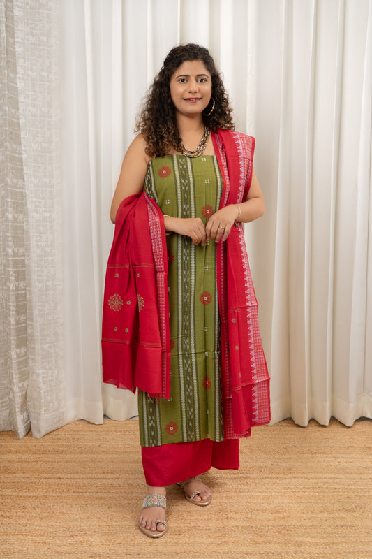 Pure Cotton Ikkat 3 Piece Dress Material-Henna Green