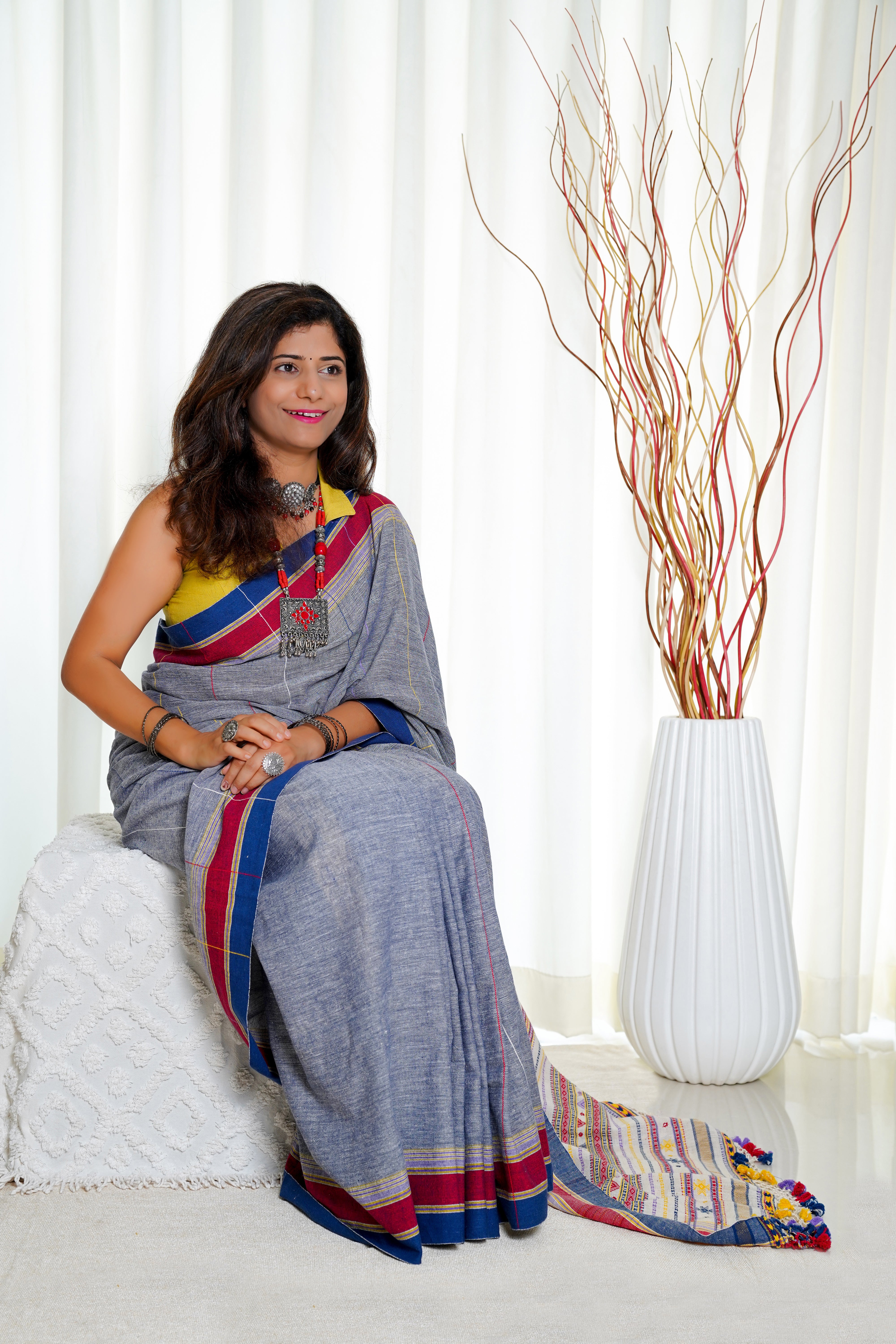 Kala Cotton Bhujodi Saree - Slate Blue