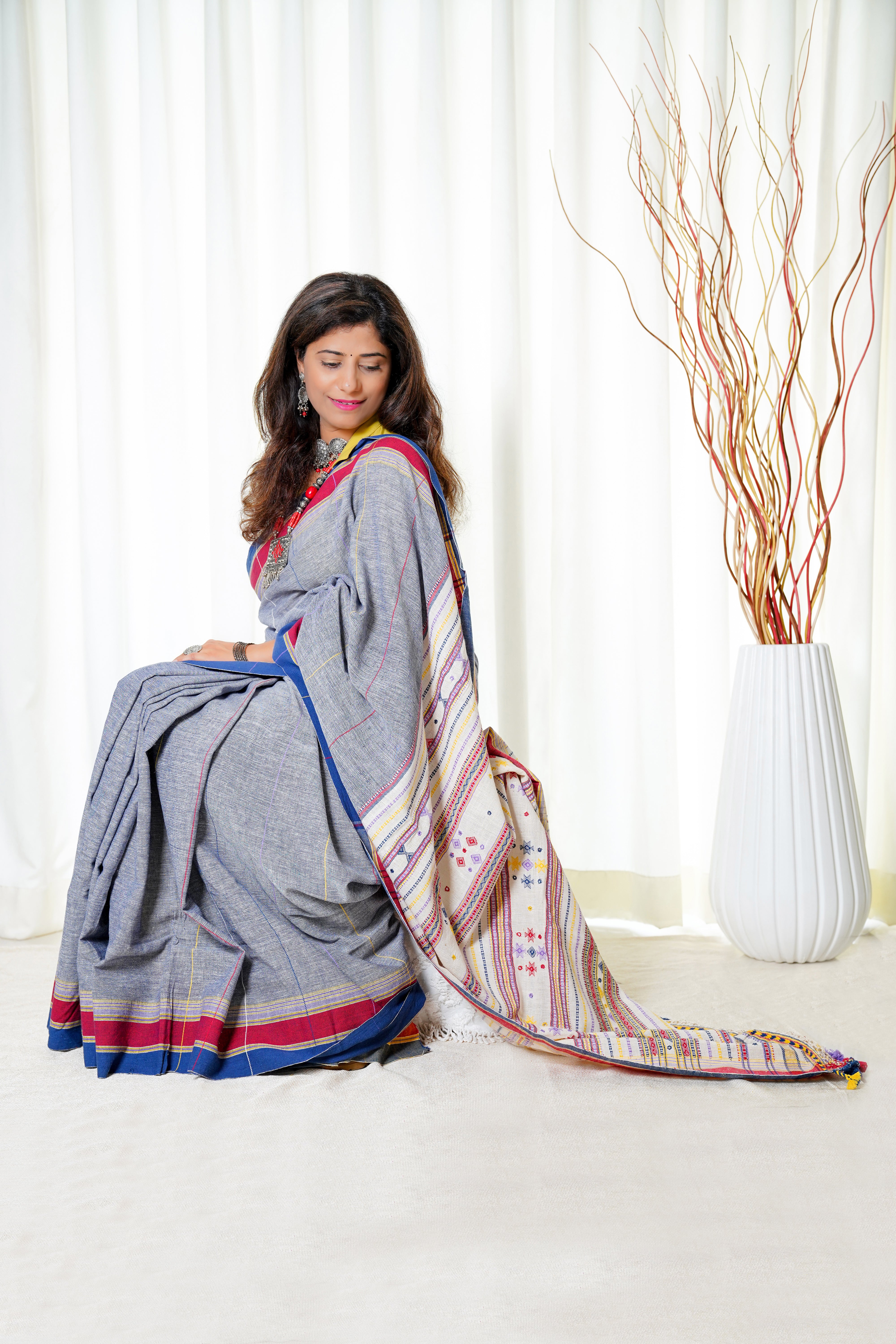 Kala Cotton Bhujodi Saree - Slate Blue