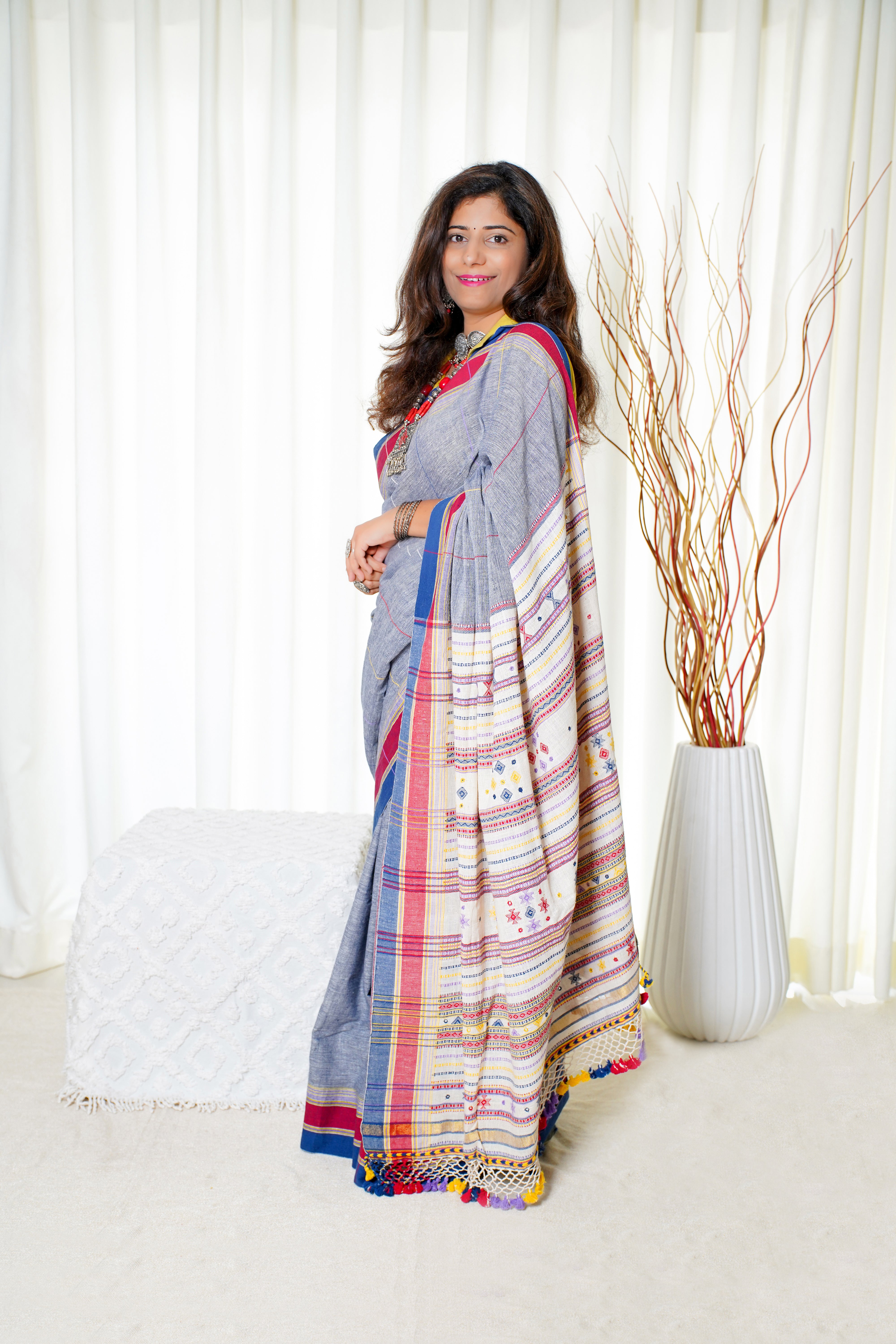 Kala Cotton Bhujodi Saree - Slate Blue