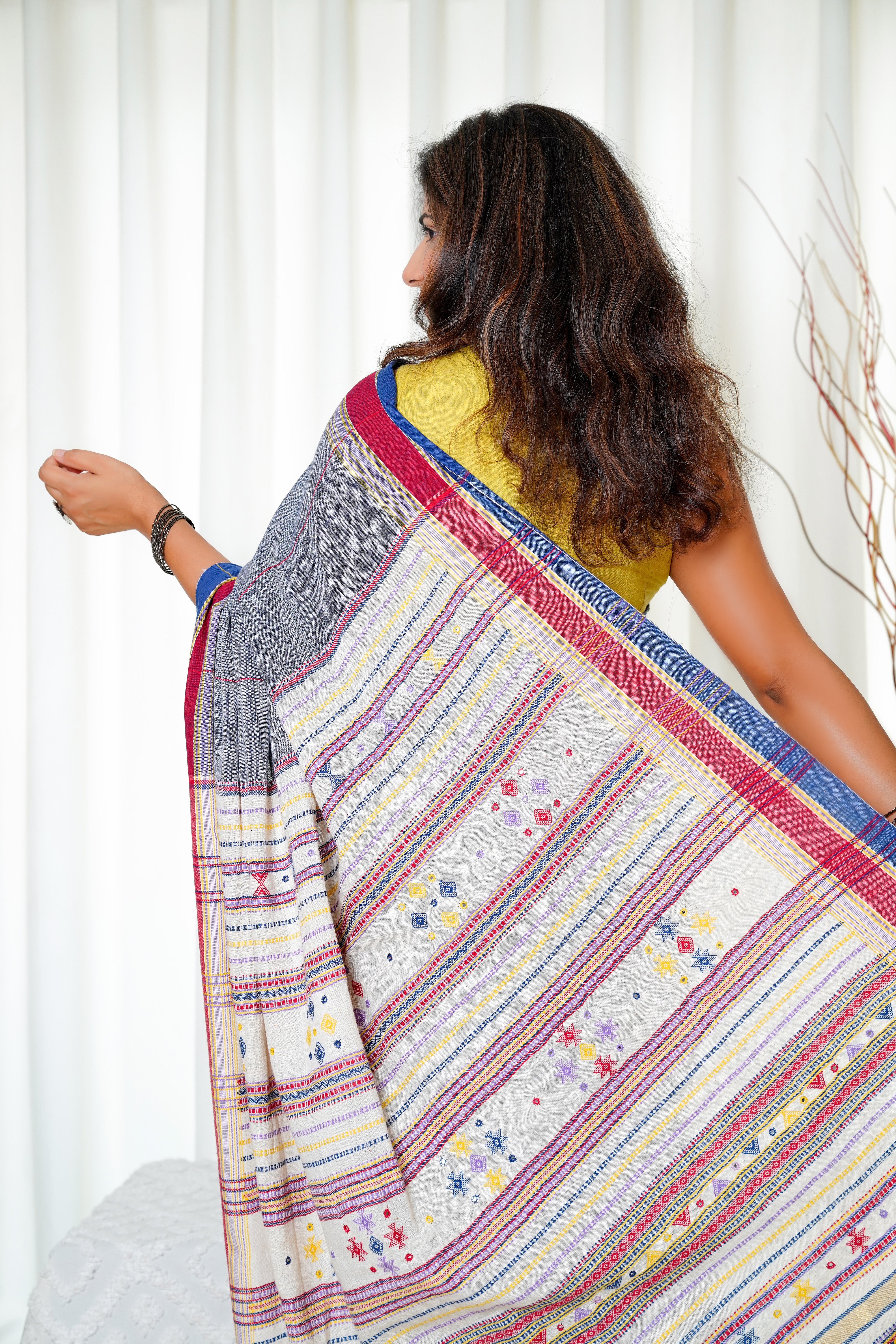 Kala Cotton Bhujodi Saree - Slate Blue